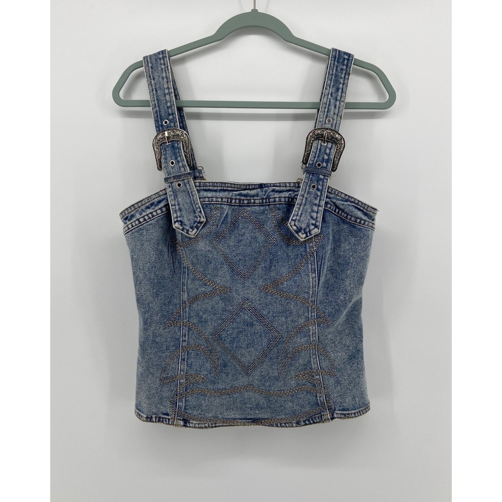 Blue B Collection Denim Corset Top Western Buckle Strap Acid Wash Blue Medium